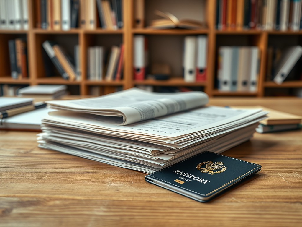 На столе лежит паспорт и стопка бумаги, на заднем плане книжные полки с книгами.