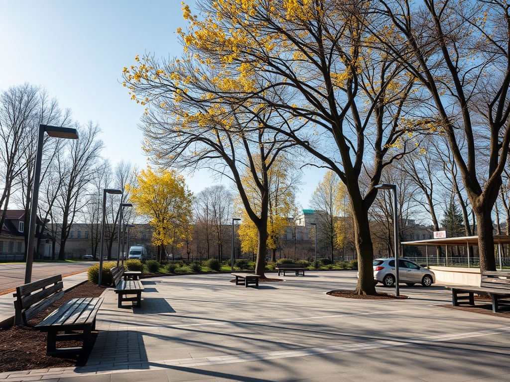 Просторная площадь с деревьями, benches и ясным небом, на фоне зданий и легкой автотранспорта.