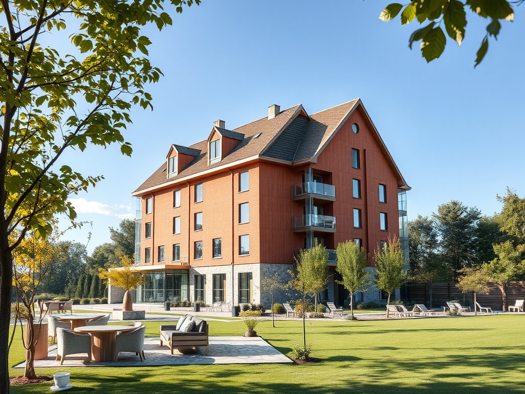 Современное трехэтажное здание с балконами, окружаемое зеленым двором и удобными местами для отдыха.