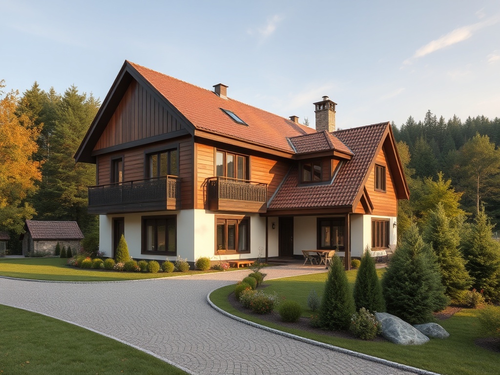 Современный дом с деревянной отделкой, ухоженным садом и окружением леса на фоне солнечного неба.