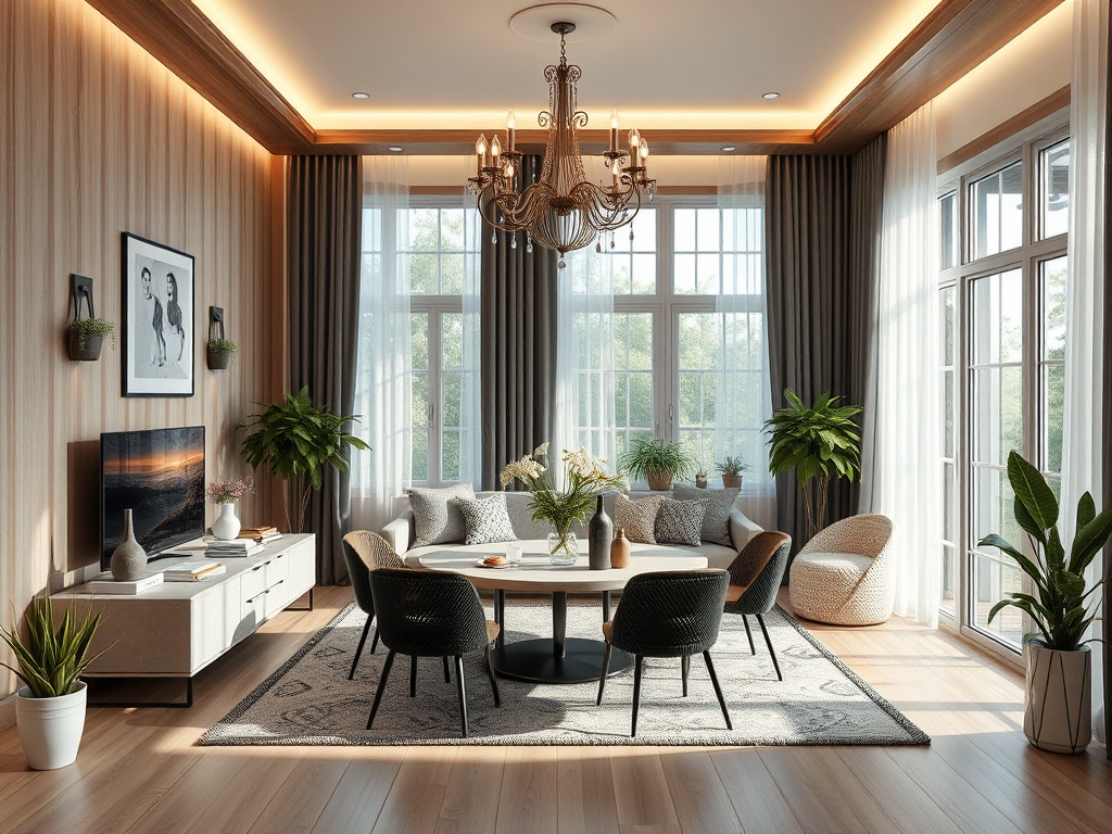 Современная гостиная с ярким светом, уютной мебелью и растениями, создающая атмосферу комфорта.