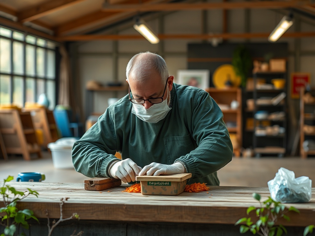 Мужчина в маске трудится за столом в комнате с большими окнами, окружённый материалами для работы.