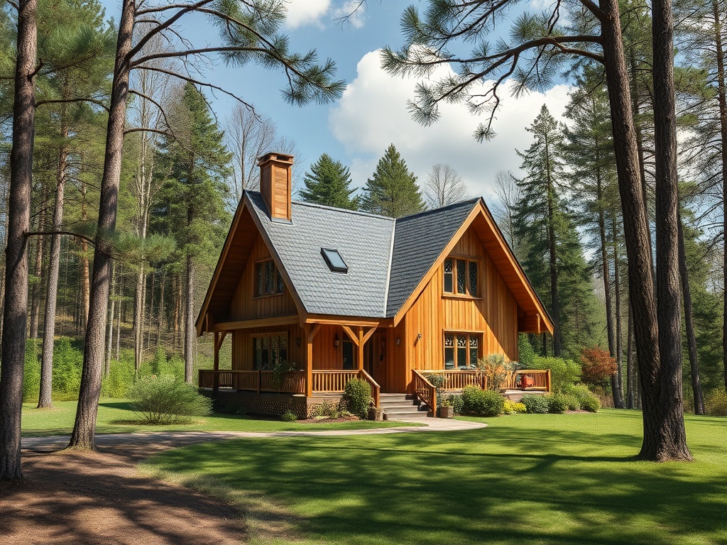 Деревянный дом с крышей из черепицы, окружённый лесом, на фоне ясного неба и зелёного газона.