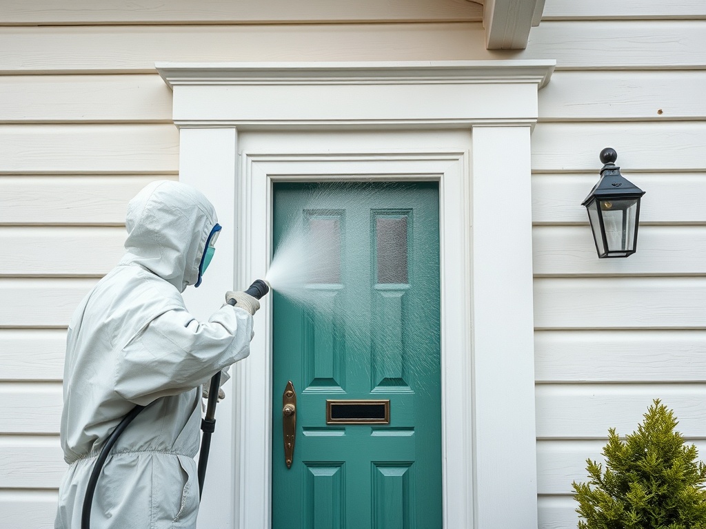 Человек в защитном костюме распыляет жидкость на дверь дома. На улице светлый день, видна зелёная дверь.