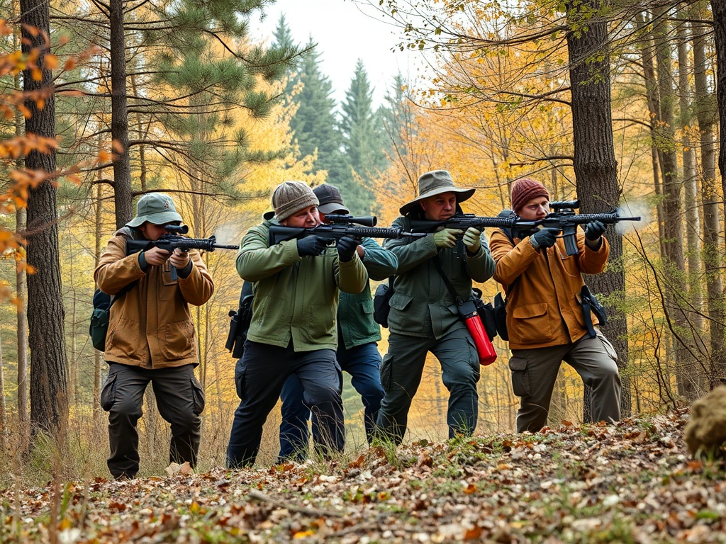 Группа людей в лесу, готовых к действию, держат винтовки и настороженно смотрят вперед. Осень.