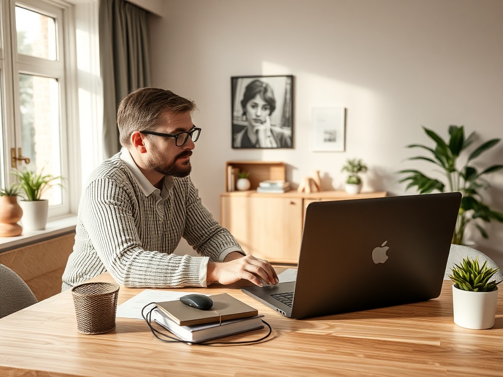 Мужчина в свитере работает за компьютером в уютном кабинете с растениями и фотографией на стене.