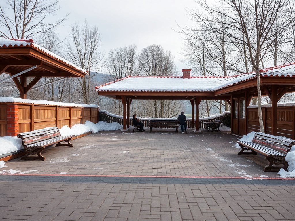 На открытной площадке с деревянными скамейками и крытыми навесами, покрытых снегом, два человека.
