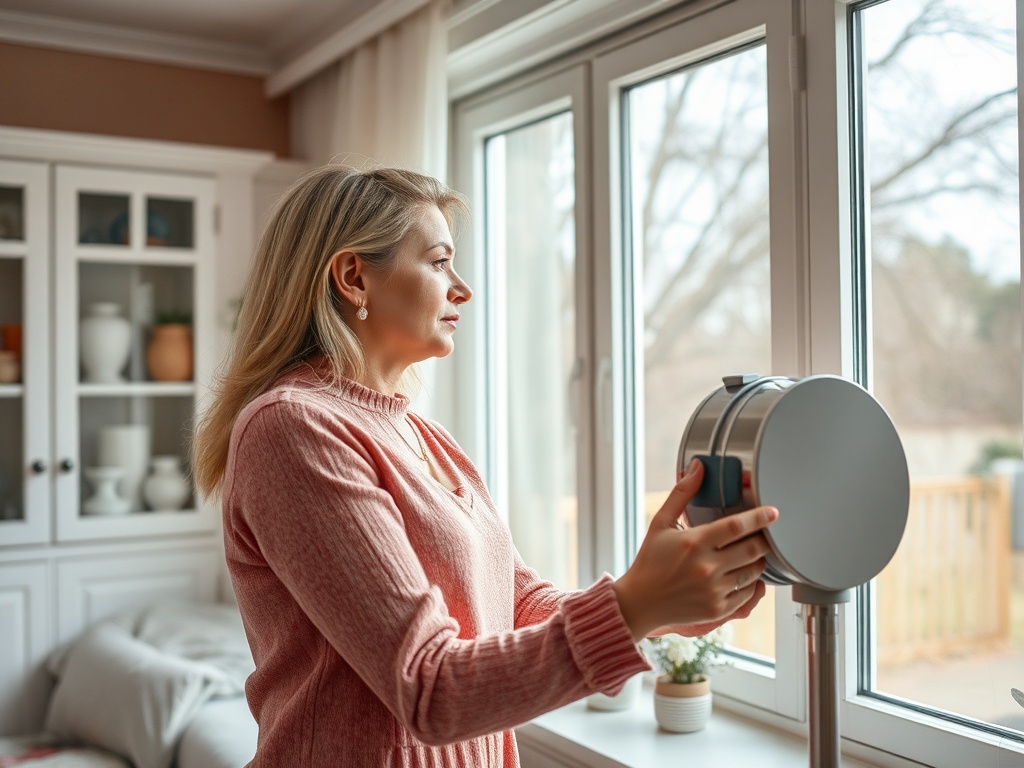 Женщина смотрит в окно, держа в руках устройство. В комнате светло и уютно, виден зелёный двор.
