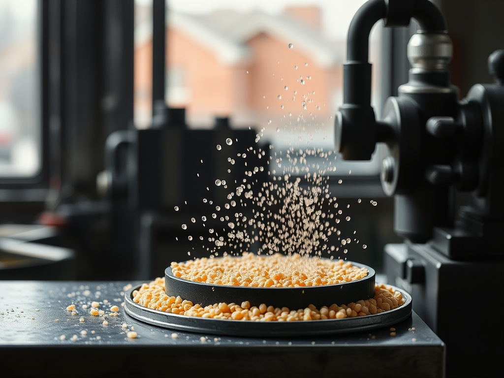 Рабочий процесс на промышленном оборудовании с каплями и зернами, рассыпающимися с диска.