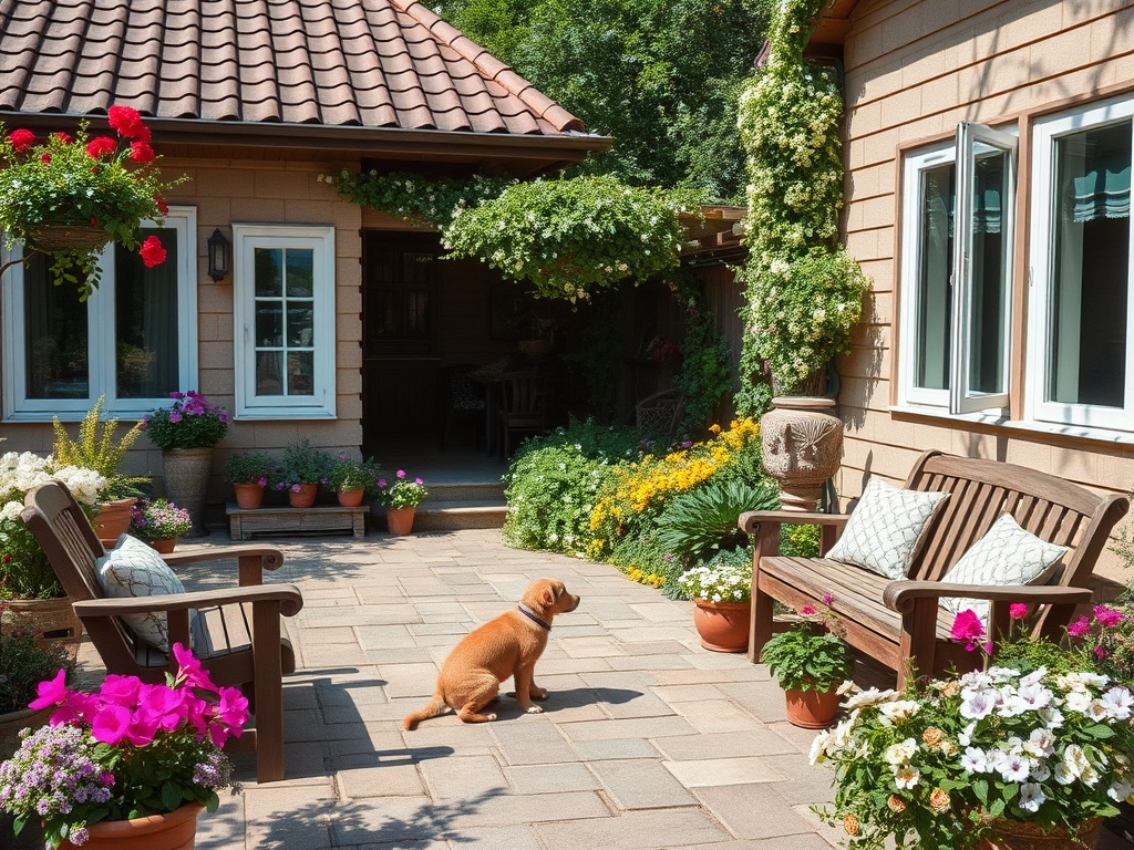 Уютный дворик с цветами, деревянными креслами и собакой, наслаждающейся солнечным днем.