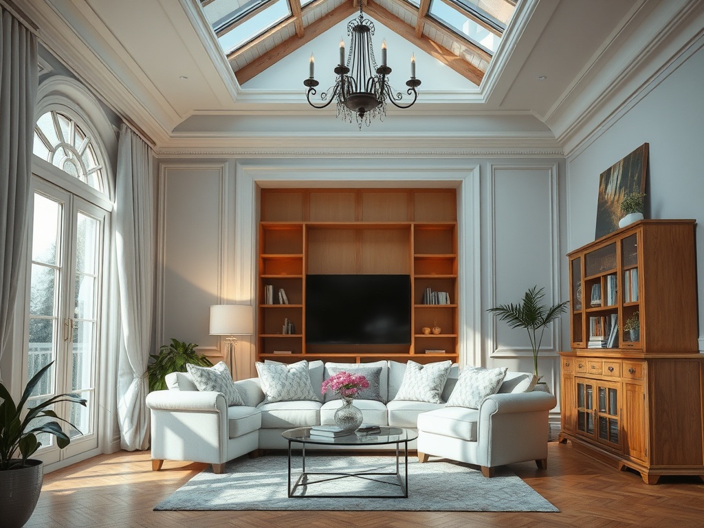 Современная гостиная с белым диваном, книжными полками и большими окнами, пропускающими свет.