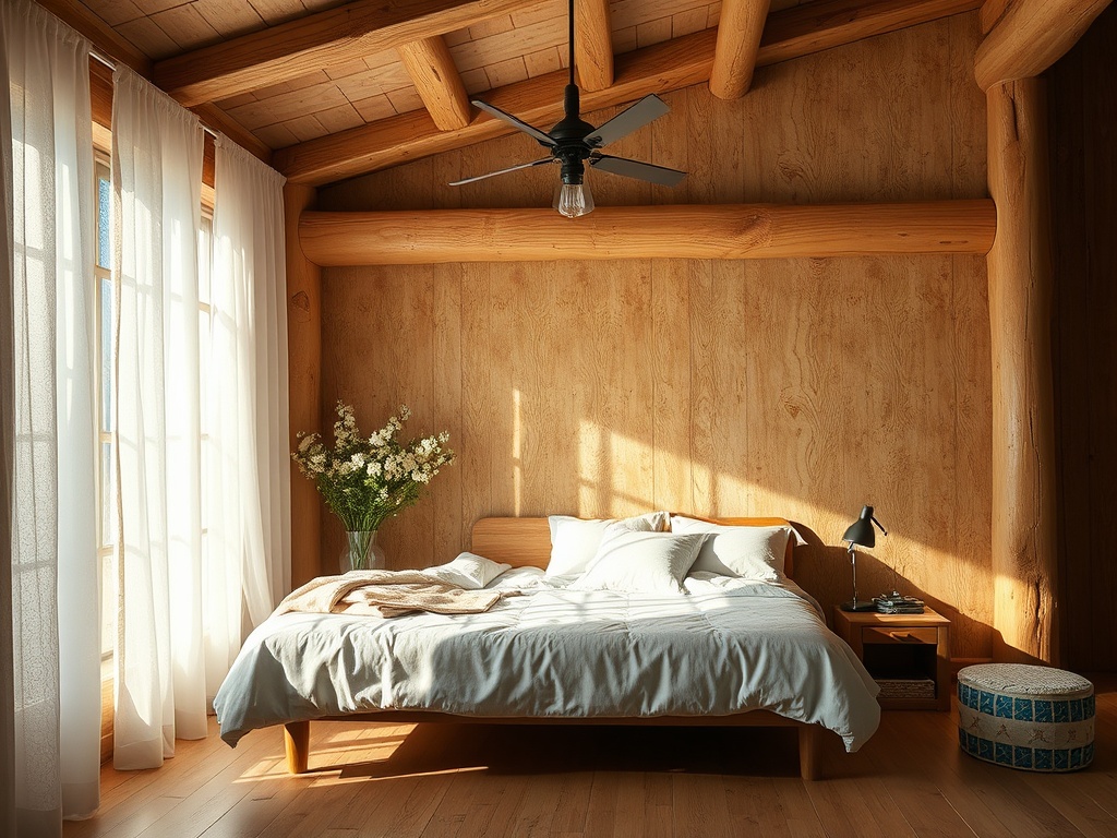 Уютная спальня с деревянными стенами, кроватью, цветами и мягким освещением. Деревянные балки и окна с занавесками.