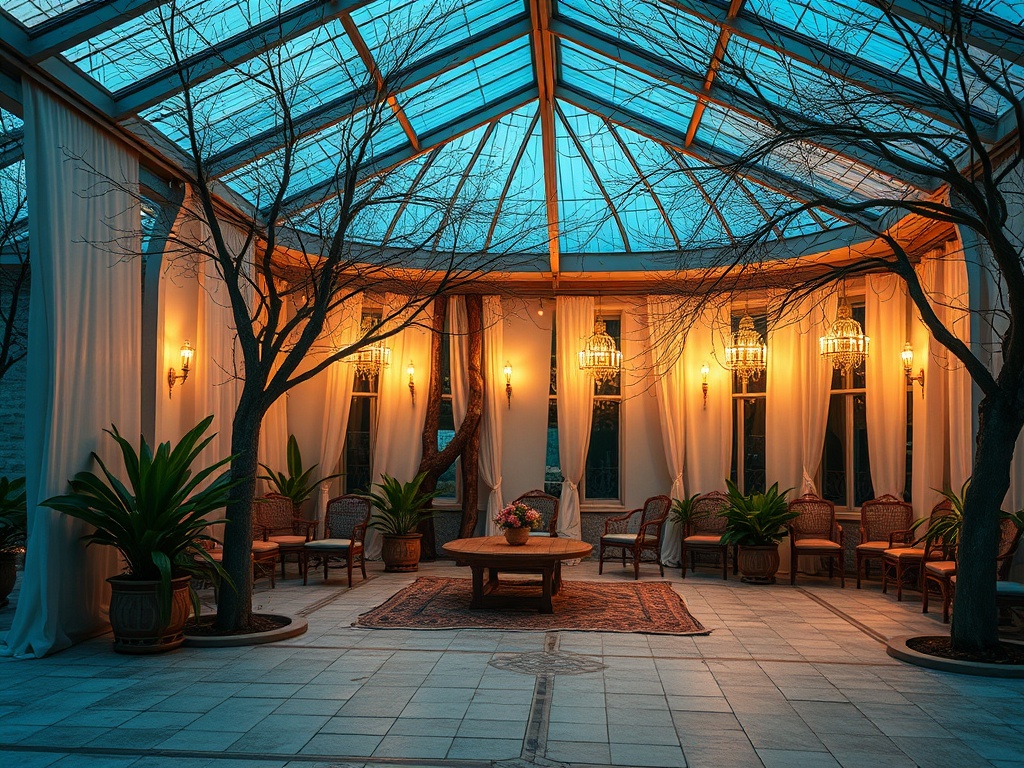 Стеклянная теплица с уютной мебелью, оживленная мягким светом и зелеными растениями. Спокойная атмосфера.