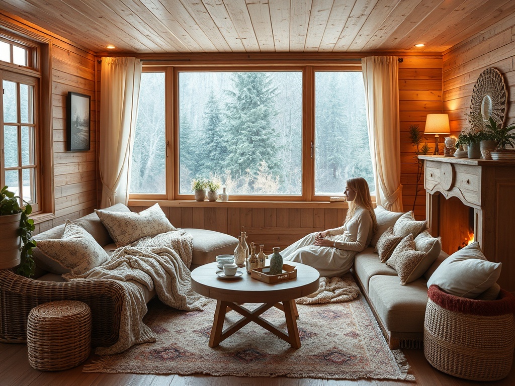 Уютная комната с деревяной отделкой, в которой женщина сидит у окна и смотрит на природу.