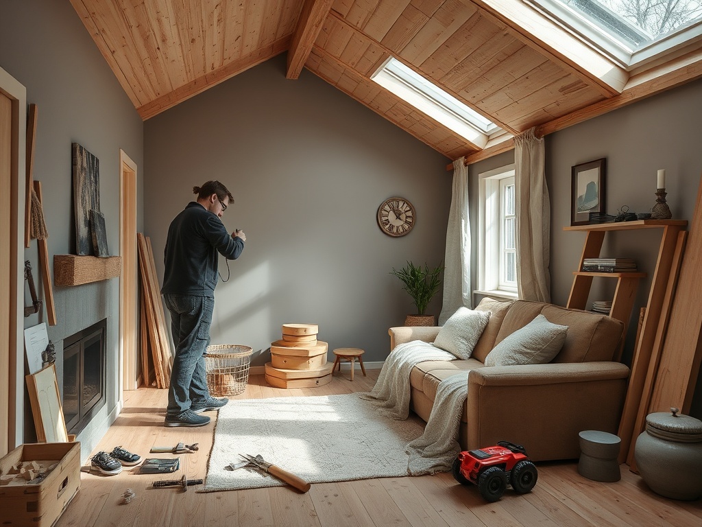 Человек с камерой в уютной комнате с деревянным потолком и мягким светом, рядом с диваном и растением.