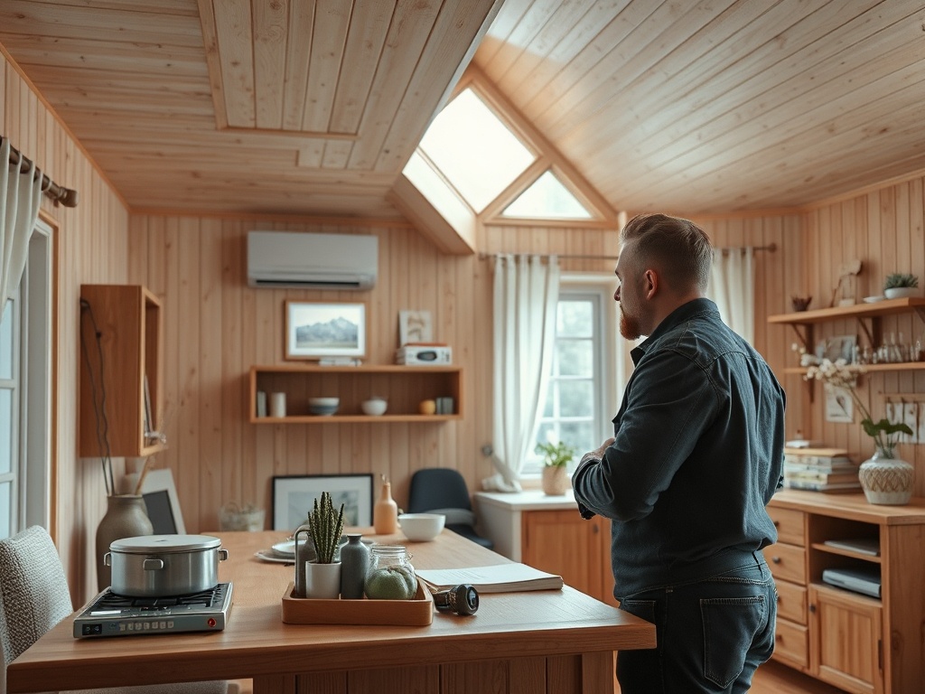 Мужчина в джинсовой рубашке стоит в уютной кухне с деревянными стенами и окнами, освещенными солнцем.