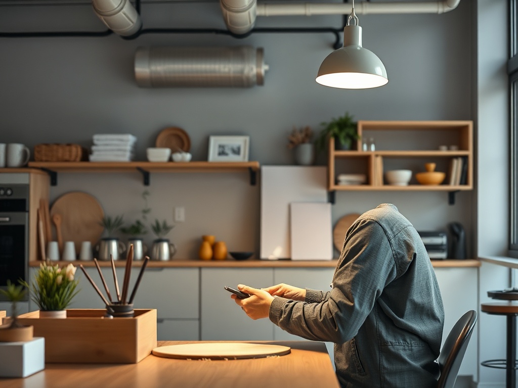 Человек без головы сидит за столом в современном интерьере кухни, смотрит на телефон.