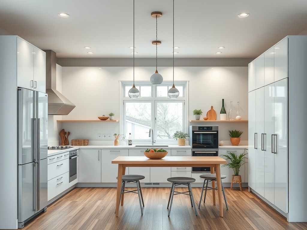 Современная кухня с белыми шкафами, деревянным столом и растениями на подоконнике. Светлое и уютное пространство.