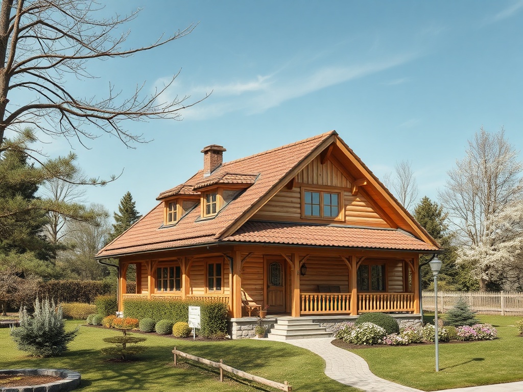 Деревянный дом с мансардой и ухоженным двором, окруженный зелеными растениями и цветами. Ясное небо.