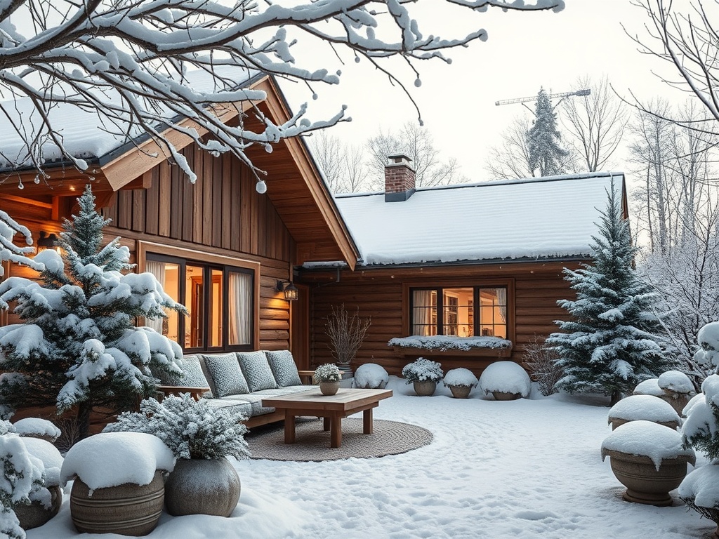 Зимний пейзаж: деревянный дом с заснеженной крышей и уютной обстановкой на открытой веранде.