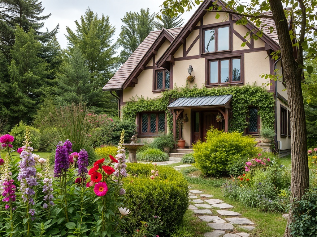 Уютный дом с красивым садом, цветами и зелеными насаждениями, окруженный деревьями.