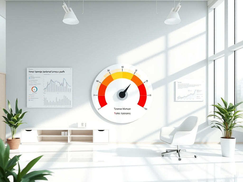 Современный офис с интерактивным графиком и индикатором производительности на стене.
