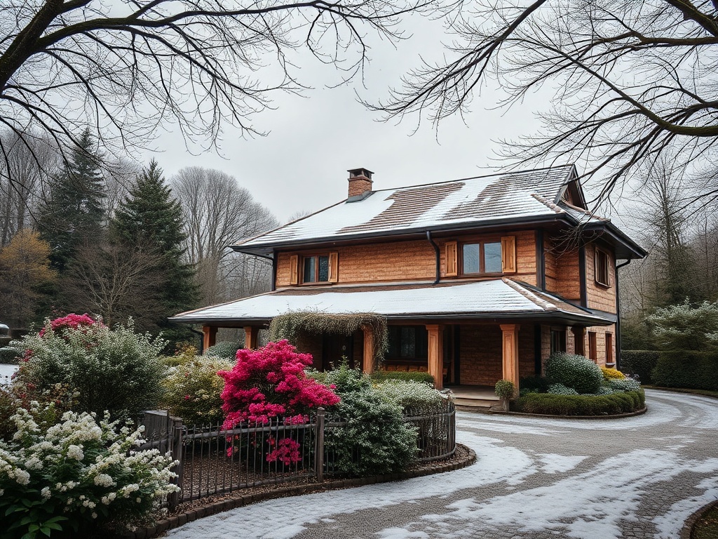 Деревянный дом с снежной крышей, окруженный цветущими кустами и зелеными деревьями в зимнем лесу.