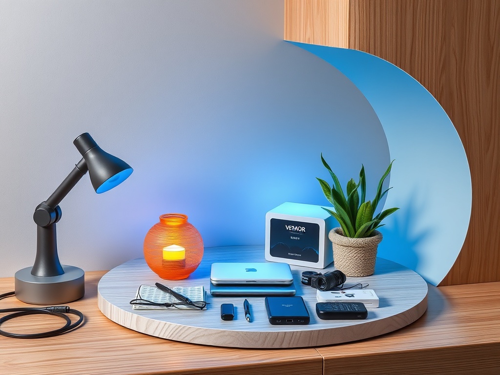 На столе расположены лампа, свеча, растения и различные гаджеты: ноутбук, камеры, телефоны и аксессуары.