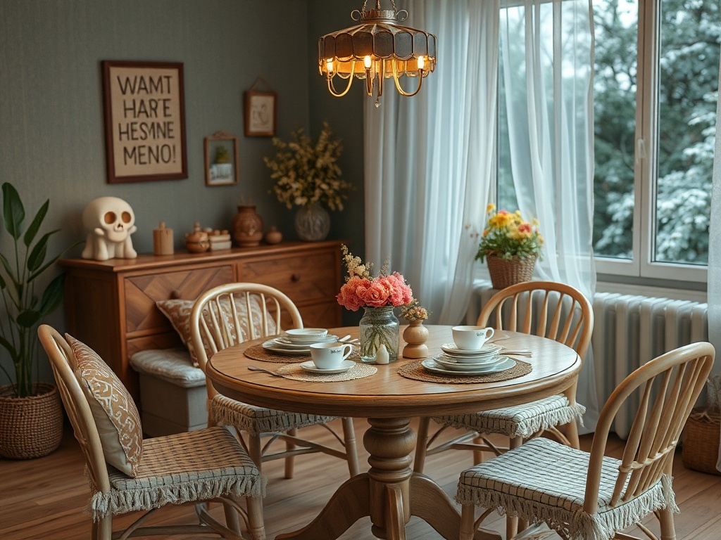 Уютная столовая с деревянным столом, цветами и светильником, смотрящая на зеленый сад через окно.