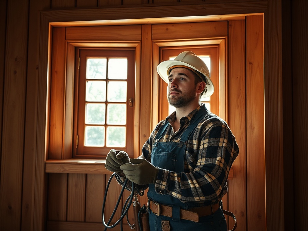 Рабочий в шляпе смотрит вверх, держа в руках инструменты, на фоне деревянной стены и окон.