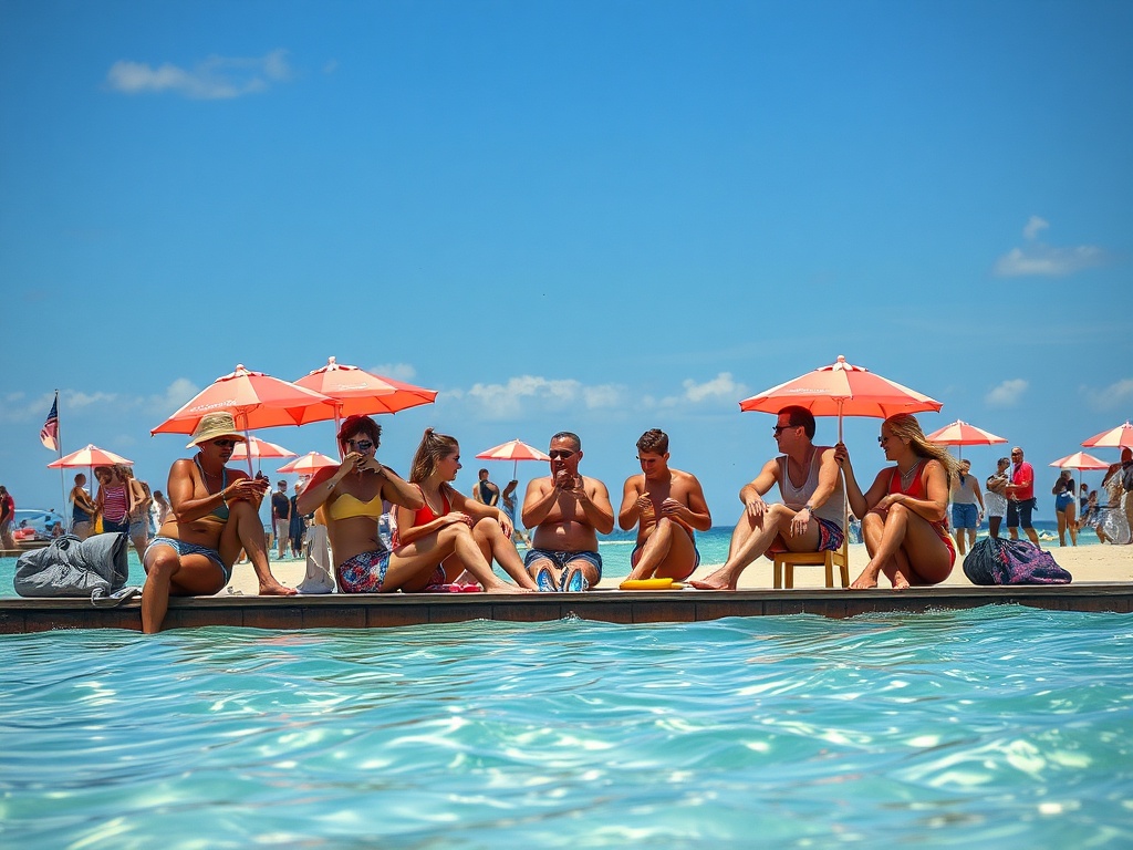 На пляже группа людей сидит под зонтиками, наслаждаясь отдыхом у воды в солнечный день.